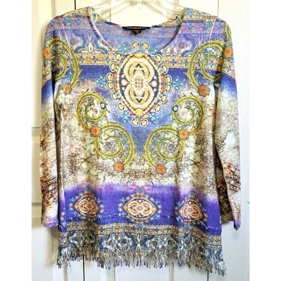 Mushka by Sienna Rose PM Multicolor Long Sleeve Sweater Cutwork & Fringe at Hem - Picture 1 of 7